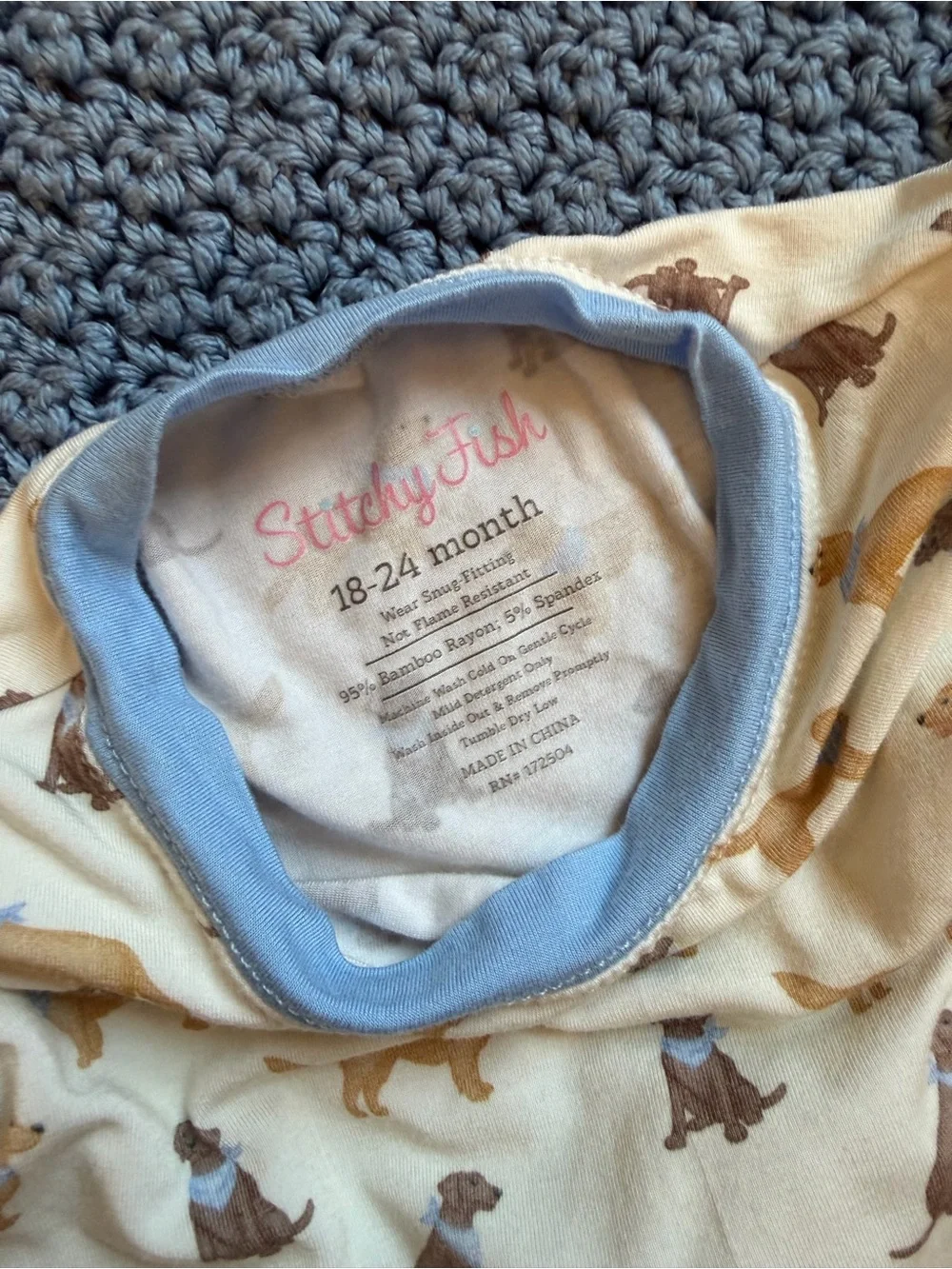 Stitchy Fish Bamboo Short Sleeve Dog Print Pajama Set - Blue Trim